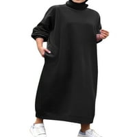Glookwis Women Long Maxi Haljine Solid Color Bagy dukseric Dress rukav zimski izrez Holiday Black M