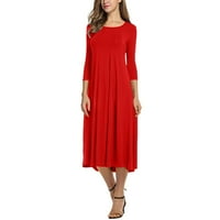 Wofedyo Haljine za žene Čvrsta haljina okrugla vrat dugih rukava Srednja klasa s ljuljačkama, crvene