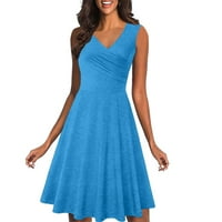 Žene ljetne haljine za žene za sunčanje Haljina Boho Srednja dužina V-izrez Solid Blue L