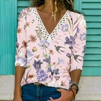 Augner ženska modna kontrast čipka V izrez dugim rukavima majica Ležerne prilike Ležerne prilike Confy cvjetni ispis Fall Tee bluza