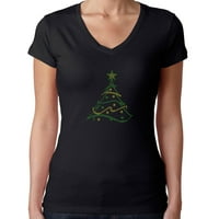 Ženska majica Rhinestone Bling Black Tee Green Yellow Christmas Drvo V-izrez X-Veliki