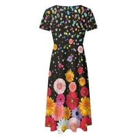 Puawkoer žene Ljeto casual kratkih rukava cvjetna tiskana posada vrata sa labavom haljinom Boho Beach