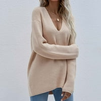 Zunfeo džemper za žene - labav fit casual pletene vrhove pulover V-izrez dugih rukava čvrsti udobni pad pada kaki l