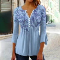 Yyeselk tunički vrhovi za žene casual gumb up V-izrez Trubacke rukavi majice moda Elegantna cvjetna ispisa ljetne dame ugodne bluze plave s