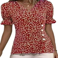 Niuer dame majica V izrez majica kratki rukav Ljetni vrhovi labavi tunički bluza cvjetni print pulover crveno m