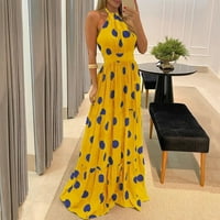 Ljetne haljine za žene tiskane V-izrez A-line Maxi Leisure haljina bez rukava žuta 2xl
