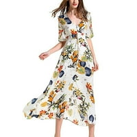 Gotyou ženske casual haljine Ženska proljeće Simia Retro stil Holiday Style V-izrez Lood duga suknja duga suknja