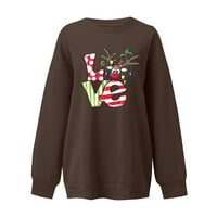 Ležerne dukseve Ženski povremeni božićni ispisani pulover s dugim rukavima s dukselim ruhoocima smeđe s