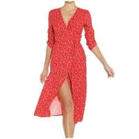 Čajna haljina za ženske noći haljina Ljetni cvjetni print kratkih rukava V izrez Mid-Calf haljina retro
