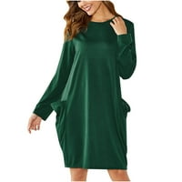 Odeerbi haljine za ženske haljine s dugim rukavima Trendi okrugli izrez Labavi duljina džepa Dekor zelena