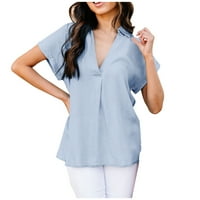 Žene ljetne pamučne posteljine vrhovi kratkih rukava V-izrez Čvrsti bluze T majice Ruched casual comfy
