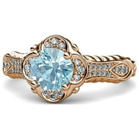 Aquamarine i dijamantni cvjetni halo zaručnički prsten 1. CT TW u 14K ružičastog zlata.Size 8