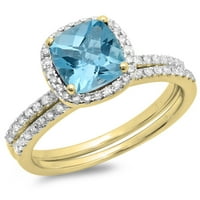 1. Carat 18K žuti zlatni jastuk rezan plavi topaz i okrugli rez bijeli dijamantski ženski mladenci halo angažman prsten