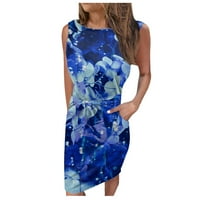 Ženske ljetne haljine za žene Ležerne prilične haljine Odštampani midi okrugli dekolte, Blue XL