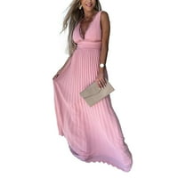 Ženska modna elegantna čipkasti patchwork V izrez bez rukava bez struka maxi haljina ružičasta l