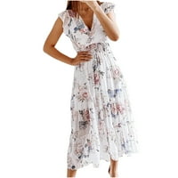 Cofeemo ženske ljetne haljine modne boemske V-izrez kratki rukav ruffles Print Maxi haljina Cauasl labava