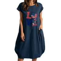 Žene Definirana haljina za pad struka za žene prugasto ispisano haljina s kratkim rukavima za žene Ljetne O vratne haljine sa džepom 4. srpnja USA Flag Cotlon Labava haljina