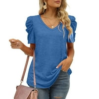 Ljetni top za žene labav fit na vrhu puff rukava majica V-izrez kratki rukav casual pune boje plave
