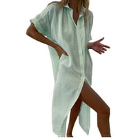Baycosin haljine za žene Ležerne prilike ljetne majice Solid rever Dugme Duga plaža Kratki rukav Ured
