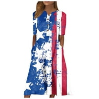Ljetne haljine za žene s kratkim rukavima otisnuta moda srednje dužine A-line V-izrez plave l