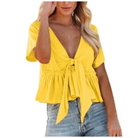 Bluza s kratkim rukavima Casual Solid Modni V-izrez za žene Žuta m
