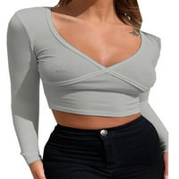 LUMENTO WOOGE majica Plain majica dugih rukava Tee seksi pulover Duboko V-izrez Tunika TUNIC Siva L