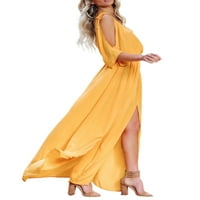 Ženska ljetna Split Maxi haljina od ramena duboka V izrez Solidna boja Srednja rukava haljina