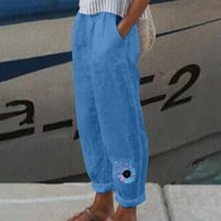 Ženske hlače čišćenje modnih žena Ljeto casual labavo pamuk i posteljina džepa tiskanje hlače se okreću plavu boju