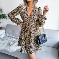 Ženska haljina dugih rukava s dugim rukavima V-izrez elegantni leopard ispis temperament struka Slim