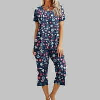 Rewentini ženski odijelo Štampanje okruglo vrata Sleephirt i hlače za kratki rukav setovi Loungewear Pijamas sa džepovima Mornarica 6