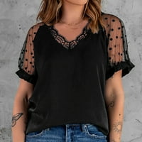 Majice HUNPTA za žene čipke kratkih rukava s majicama ljetni vrhovi labave majice casual majica