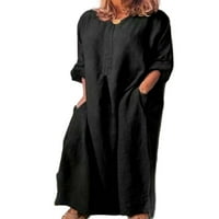 Prednjeg pila Casual Women Solid Boja Maxi Haljina pamučna posteljina duga košulja kaftna haljina crna