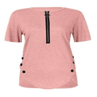 ELELUNY WOGE ZIP V izrez majica Tunic Tops Labavi kratki rukav obični maglu za bluzu ružičaste m