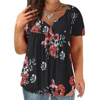 Amlbb Women Plus Veličina V-izrez Cvijeće za vrat Ispiši dugme Kratki rukav The Majica Bluza Žene Majice