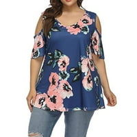 Modna žena kauzalna okrugla vrat cvjetna bluza za bluzu kratkih rukava majica Ljetni vrhovi plavi 5xl