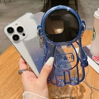 Skriveni štand za iPhone 11, slatka 3D astronaut objektiv za zaštitu kamere Kickstand Luksuzni sjaj Bling Mekani TPU zaštitnik sa ogledalom metalnim lancem za žene crne boje