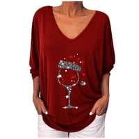 Guvpev jesen i zimski novi božićni vinski čaša s dugim rukavima Majica V-izrez Božićne kostime - vino