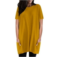 Ljetne košulje za žene okrugli vrat Pulover Puni boje tiska za tinejdžere kratkih rukava Dressy casual srednje dužine T-majice Labavi fit bluze žuti xxxl prodaja