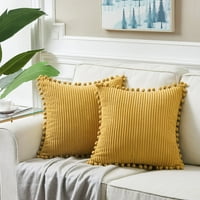 Jastučni navlake, senf žuti jastučni jastuk sa pom-poms, super mekani corduroy kvadratni puni kauč za