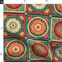 Pamuk Satens Stolcloth, 70 Round - boemski kvadrati retro uzorak tamno pozadinsko print multiboorirani