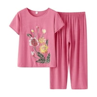 Starije cvjetni print ljeto odijelo Majka kratkih rukava pamučne svilene starije osobe ljetne hlače