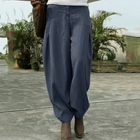 Ženska pamučna posteljina modna dugačka dugmeta za hlače elastične strugove casual pantalone mornarice