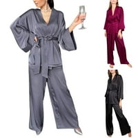 Marbhall Women Satin Pajama Set Dame Dame dugih rukava Loungewwear Noćna odjeća Čipka za čipke up m