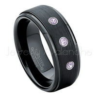 Četkani crni mens volfran prsten - 0,21CTW Amethyst 3-kameni trake - Personalizirani vjenčani prsten