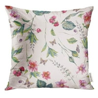 Zeleni cvjetni akvarel Vintage cvjetni s ružičastim divljim kruhom i leptirima prirodni botanički jastučni