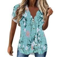 Puawkoer Ljetni ženski kratki rukav WAVY V izrez cvjetne košulje za tiskane majice TOP Ležerne prilike labave majice Tee bluza Žene plave boje