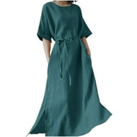 Hueok haljine za žene plus veličine V-izrez Soild Color čipka kratkih rukava modna casual duga haljina
