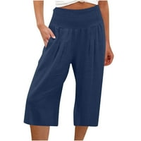 Symoid Capris pantalone za žene pamučne posteljine casual lounge hlače - baggy široka noga visoki struk za čišćenje mornaričke ljetne hlače za žene veličine m