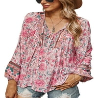 Ženska etnička majica Lagane poslovne majice Puff rukavi Elegantna ordinacija za bluzu Pink XL