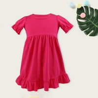 Ljetne haljine za djevojčice kratkih rukava s kratkim rukavima, okrugli vrat visoki struk čvrsta boja